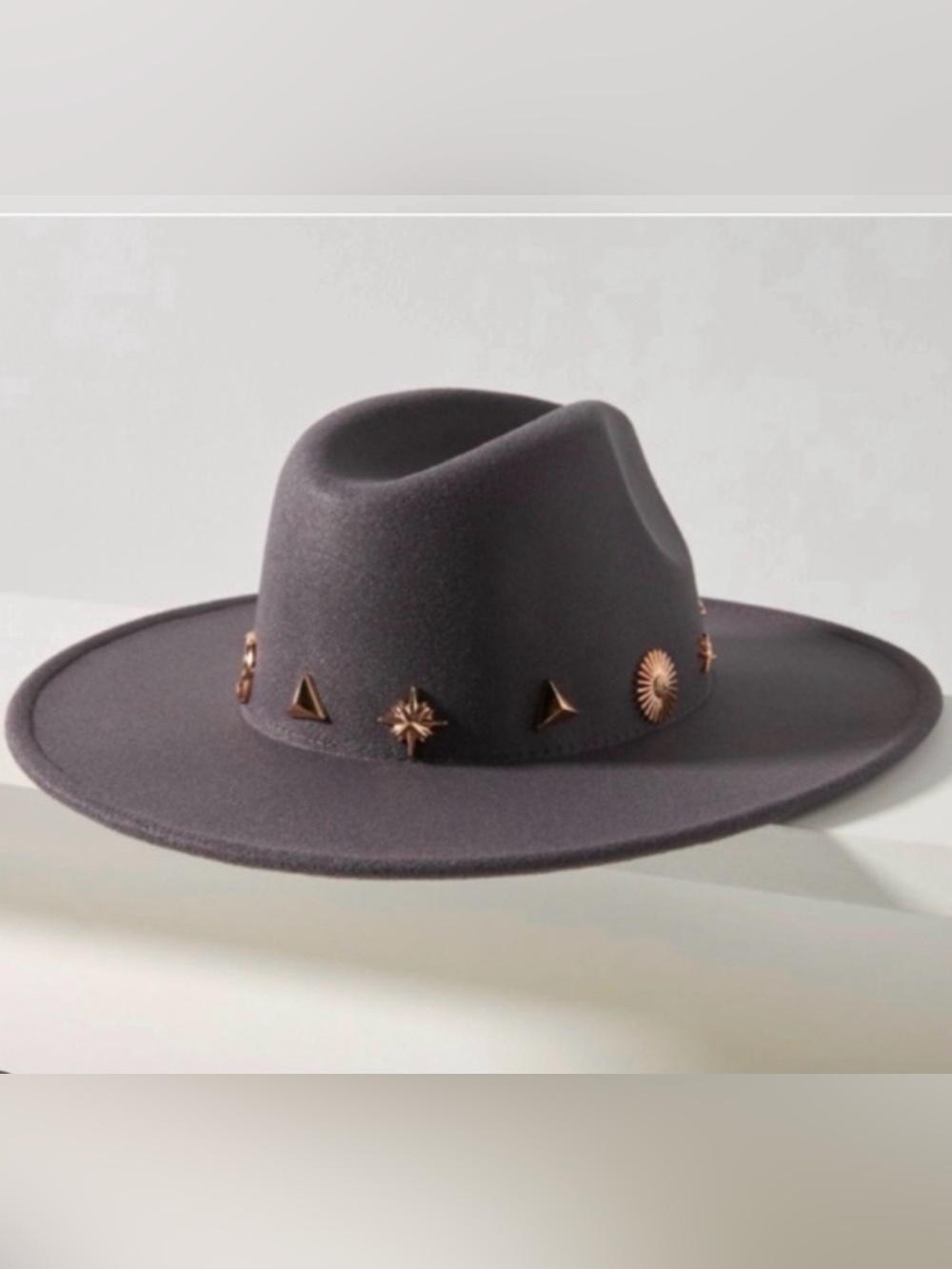 Anthropologie celestial stars moon Grey Felt Wide-Brim Hat with Gold Stud Accent
